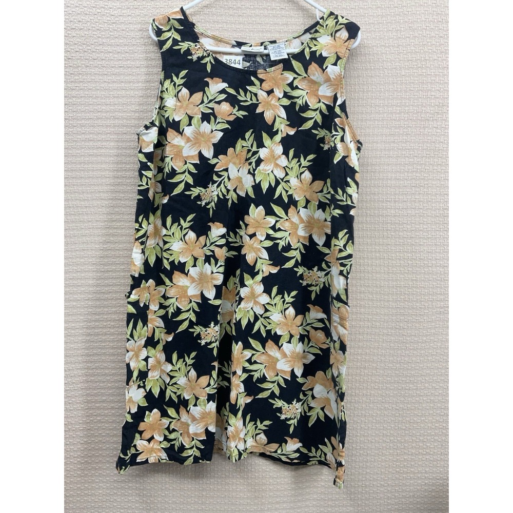 White Stag Womens Size XL Black Floral Linen Blend Dress Sleeveless Pockets